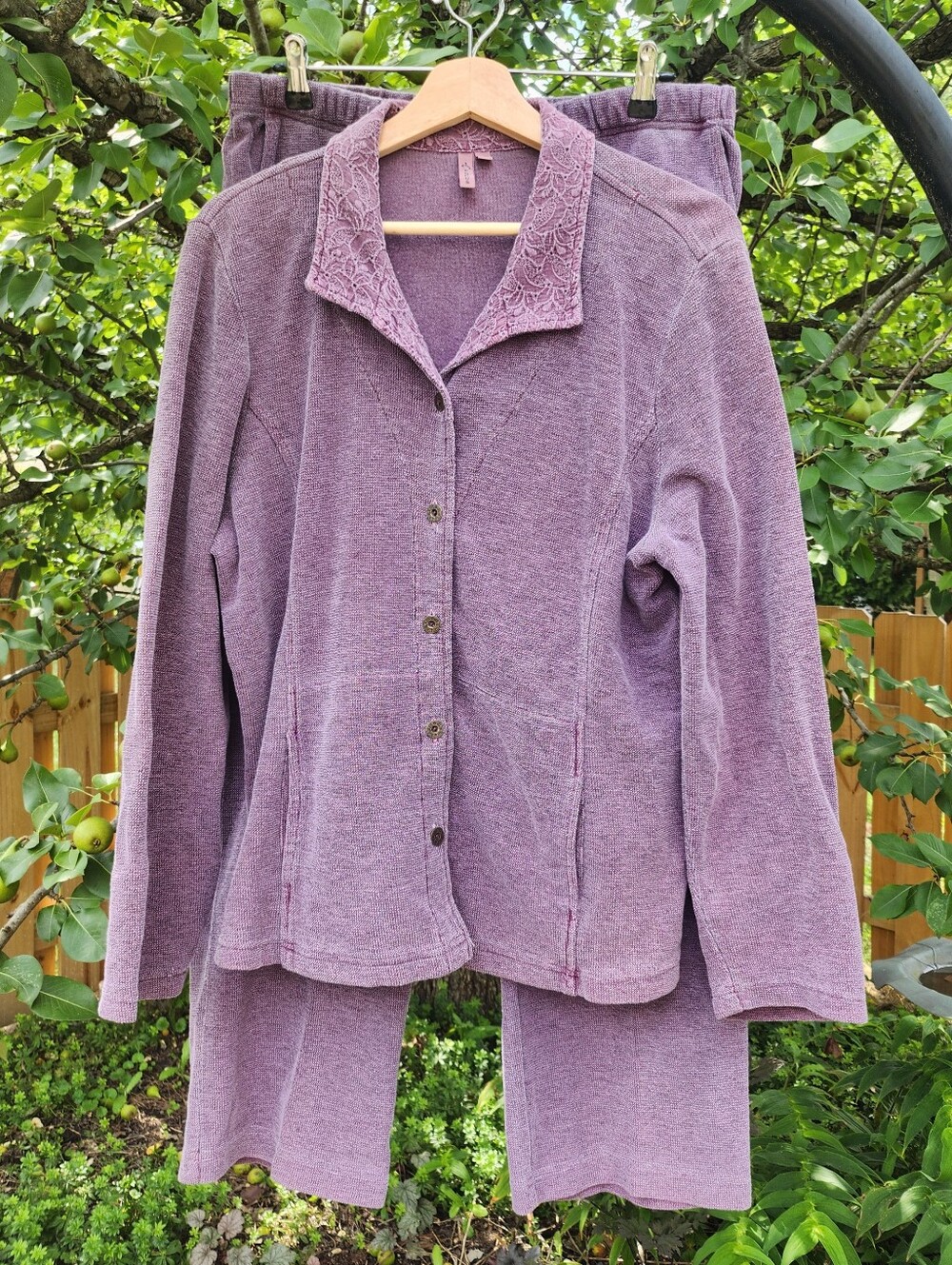 Y2K Size L Purple Knit Embroidered Relaxation Set Top And Pants